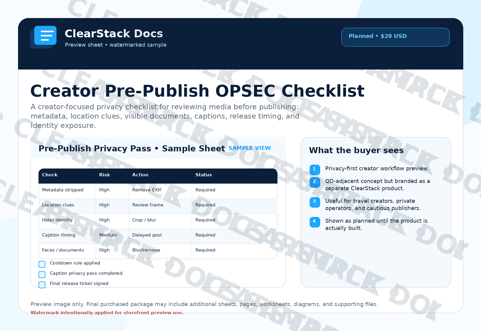 Watermarked preview for Creator Pre-Publish OPSEC Checklist