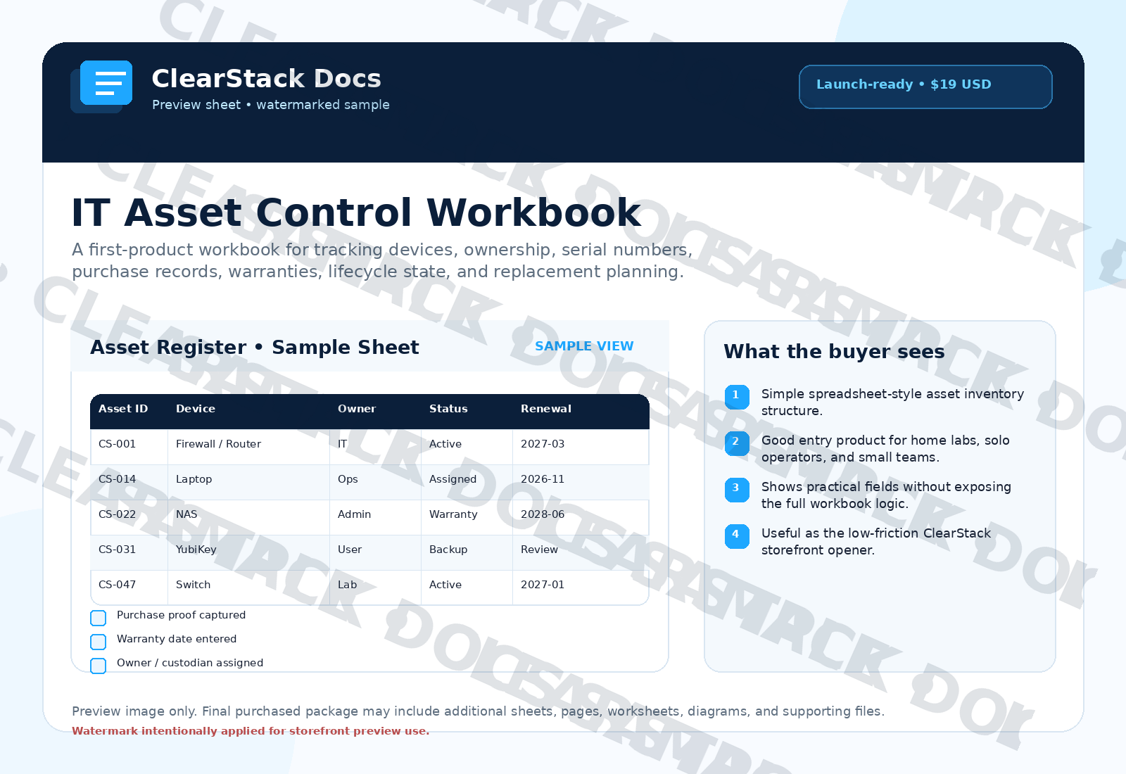 Watermarked preview for IT Asset Control Workbook
